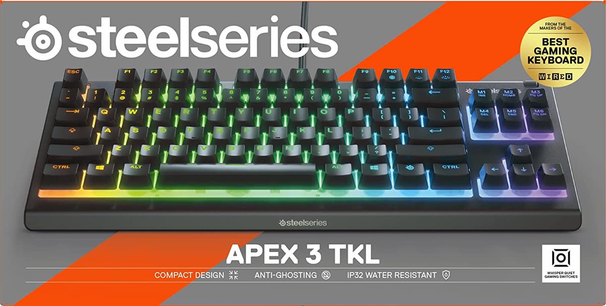 SteelSeries Apex 3 TKL RGB IP32 Water & Dust Resistant Gaming Keyboard - Tenkeyless Compact